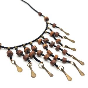 Bohemian Handmade Wood Bead Brass Necklace Dangle Pendant Ethnic Tribal